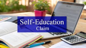 Open book, laptop, and coffee cup on desk representing ATO self-education expense claims in Australia 2025.