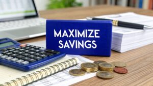 Calculator, coins and a notebook beside a sign reading “Maximise Savings” on a desk — concept for sole-trader tax deductions in Australia.