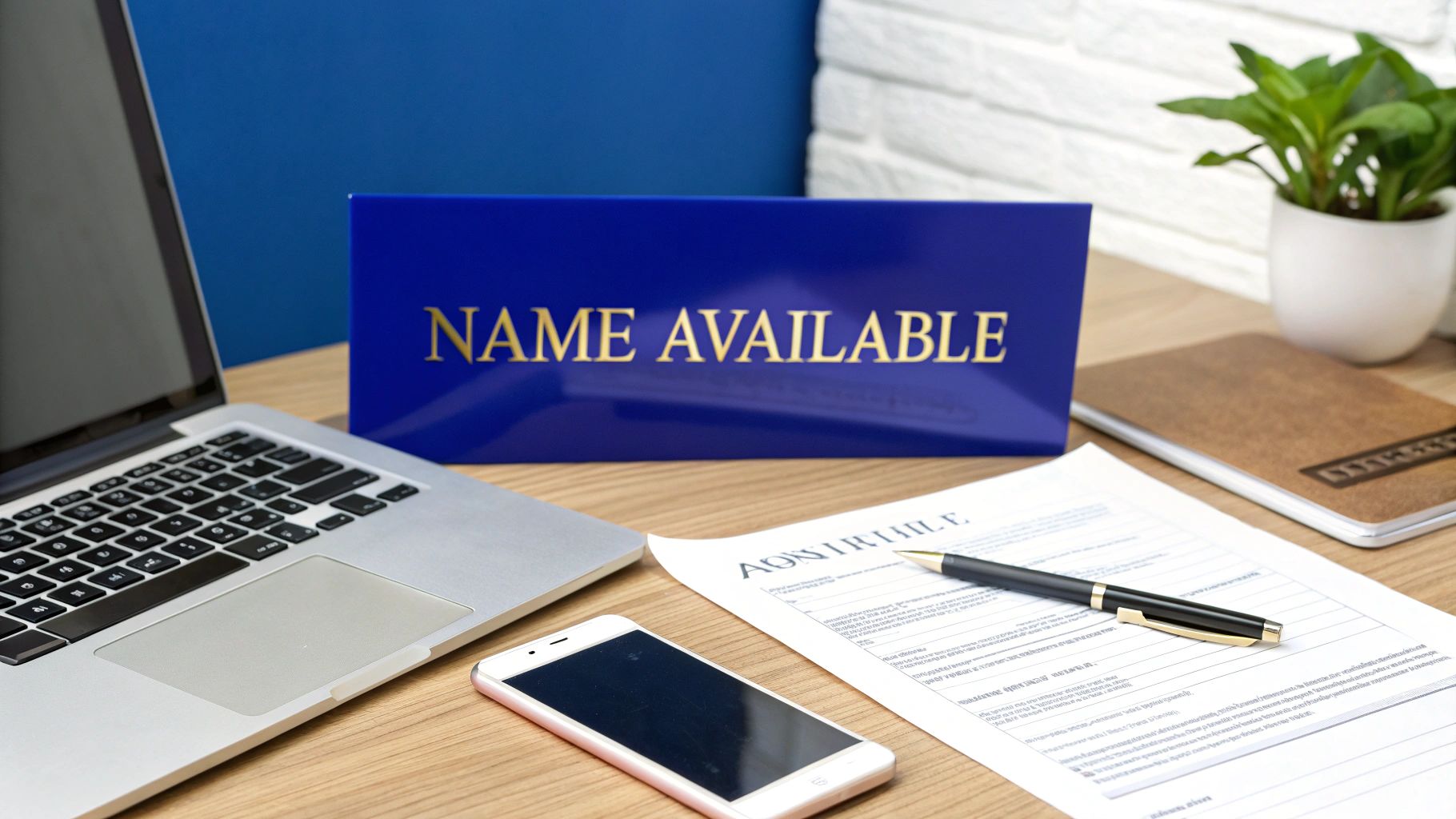 Laptop, form and phone on desk with blue sign reading “NAME AVAILABLE”