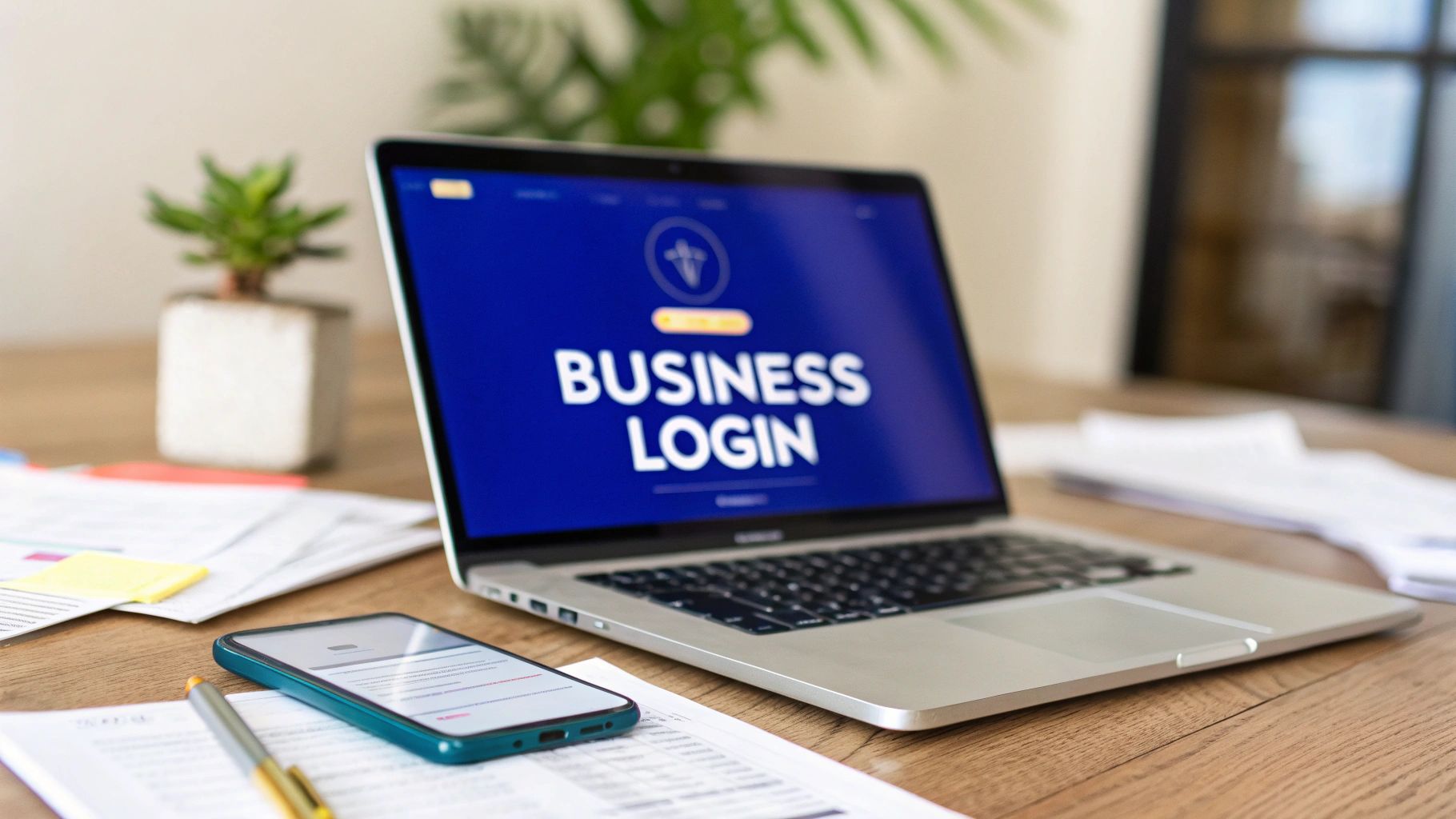 Laptop with Business Login page beside phone and notepad