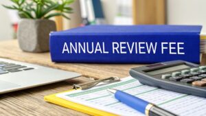 ASIC annual review fee binder with calculator, laptop and company paperwork on a desk (Australia 2025)