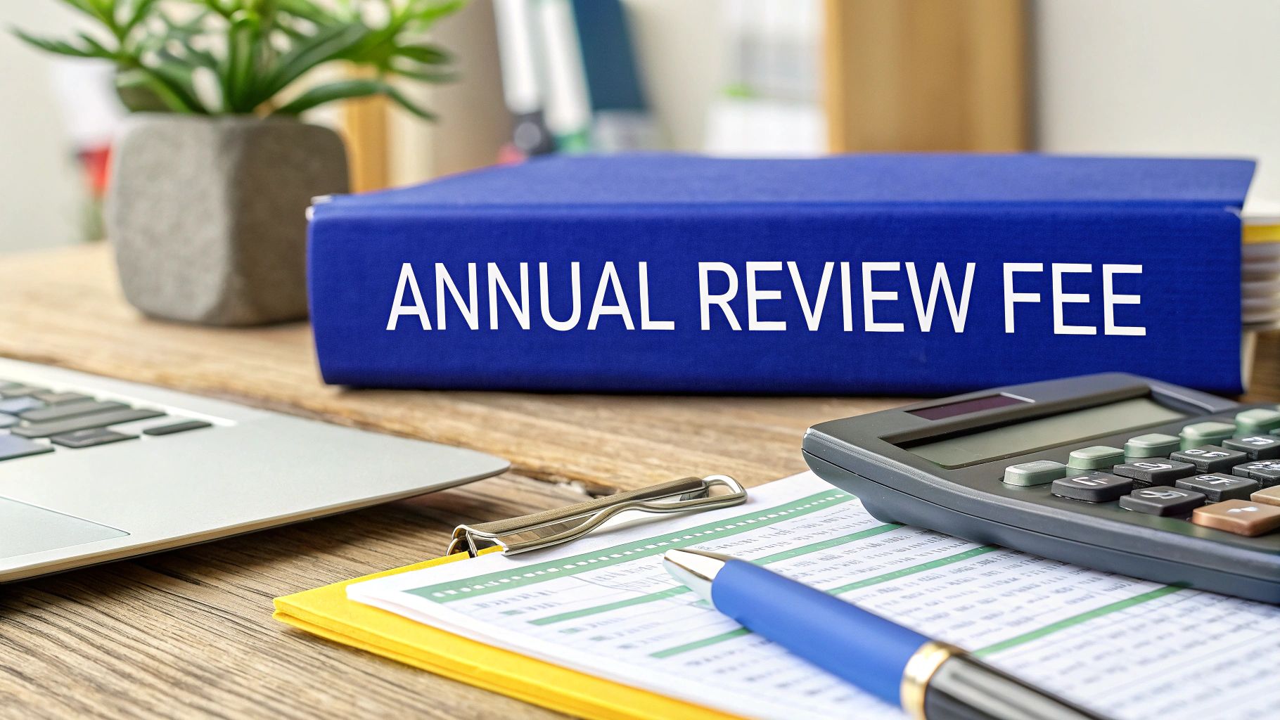 ASIC annual review fee binder with calculator, laptop and company paperwork on a desk (Australia 2025)