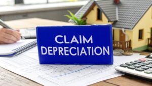 Blue “CLAIM DEPRECIATION” sign on desk with calculator, papers and model house — rental property tax Australia