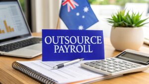 Small business owner reviewing payroll on laptop - STP and super in Australia