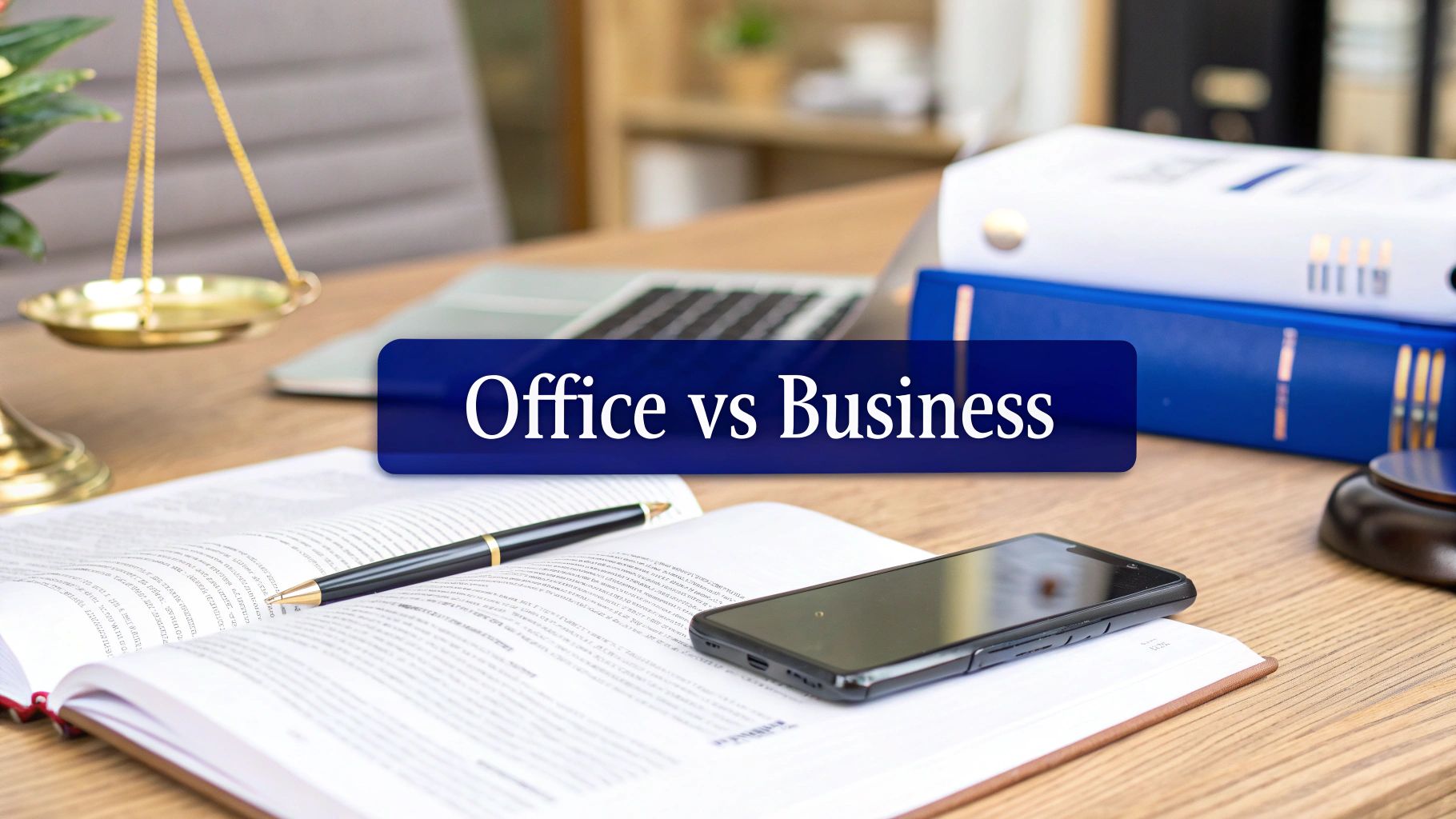 Principal place of business vs registered office—law books, scales, laptop and pen on desk; concept image for ASIC company address rules in Australia.