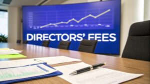 Boardroom with documents and a screen displaying “Directors’ Fees,” illustrating company governance, ATO compliance, and director remuneration in Australia.