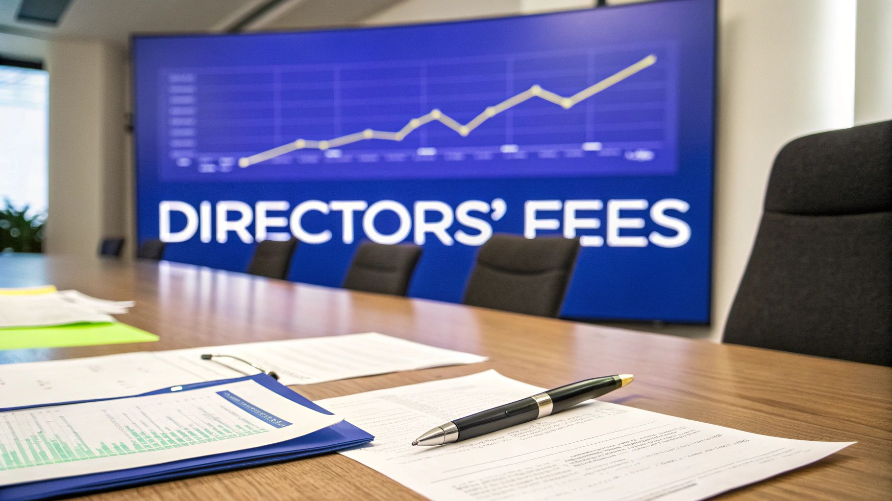 Boardroom with documents and a screen displaying “Directors’ Fees,” illustrating company governance, ATO compliance, and director remuneration in Australia.
