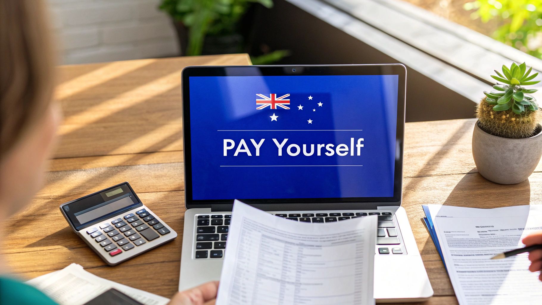 Laptop showing ‘Pay Yourself’ with Australian flag – business owner finance concept.