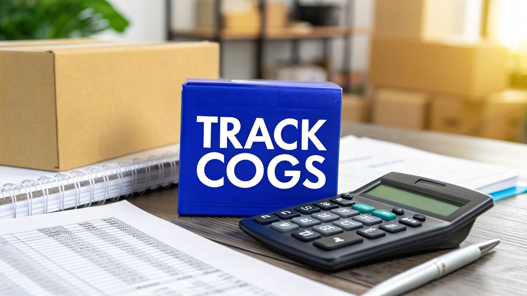 Calculator, spreadsheets and a blue “TRACK COGS” sign- illustrating how to calculate Cost of Goods Sold (COGS) in Australia.