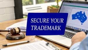 Laptop showing Australia map, gavel and paperwork with sign reading “Secure Your Trademark”