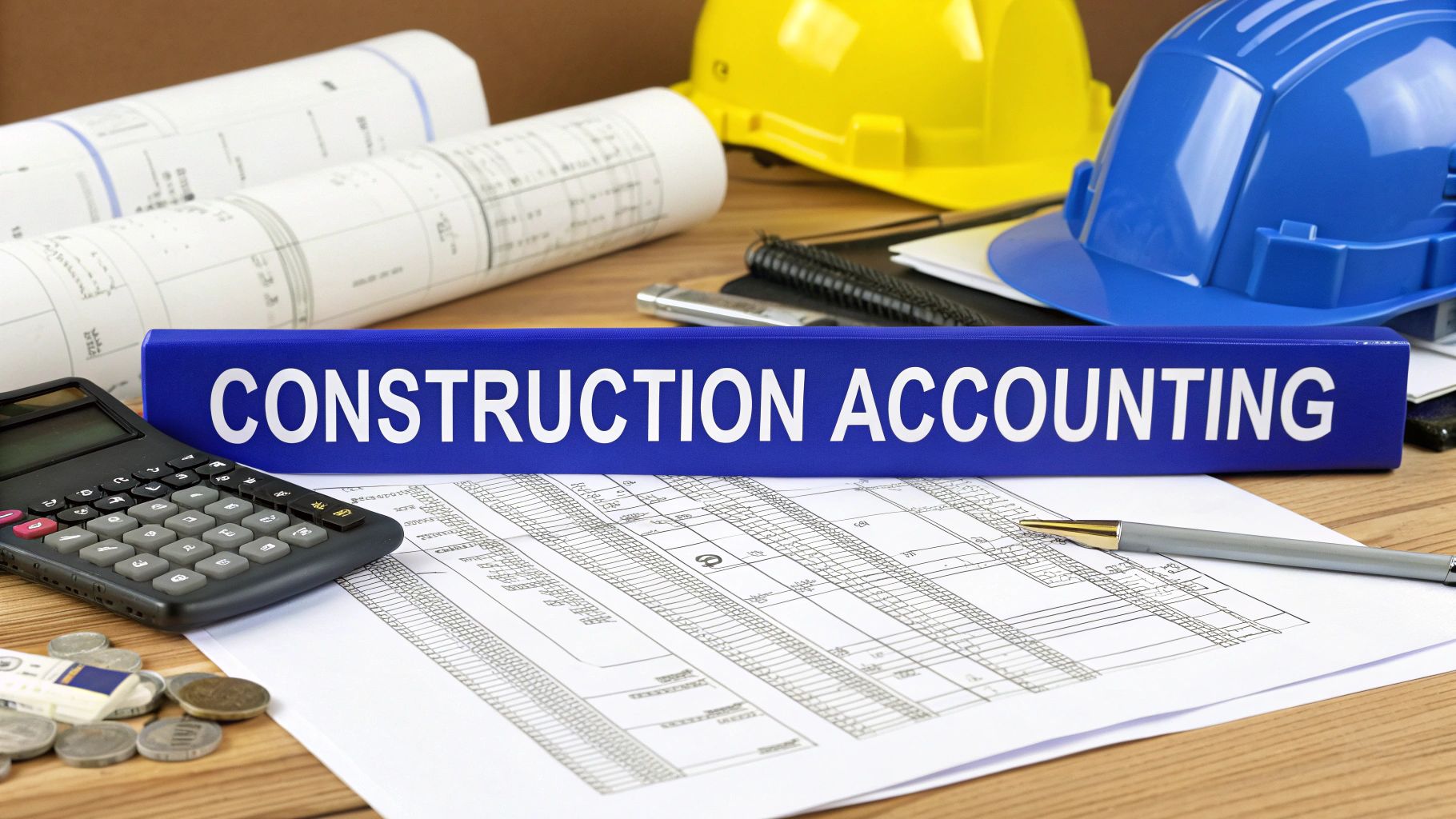 Construction accounting paperwork with calculator, plans and hard hats—illustrates WIP, GST and job costing for builders.