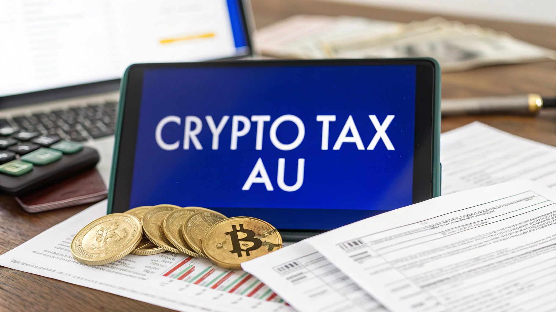 Tablet displaying “Crypto Tax AU” with Bitcoin coins and Australian tax documents on a desk.
