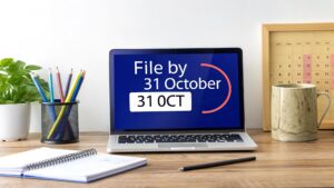 Laptop screen showing ‘File by 31 October’ reminder for ATO tax return deadline.