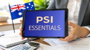 Australian accountant holding a tablet displaying “PSI Essentials” to explain Personal Services Income rules for contractors and SMEs.