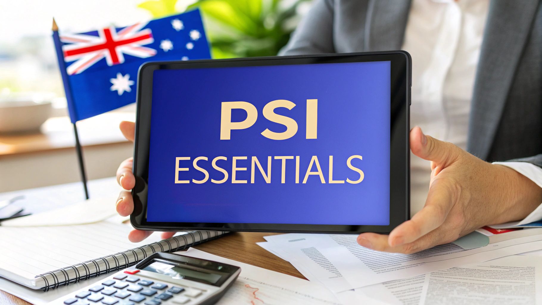Australian accountant holding a tablet displaying “PSI Essentials” to explain Personal Services Income rules for contractors and SMEs.