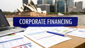 Corporate financing documents and laptop with Sydney Opera House background