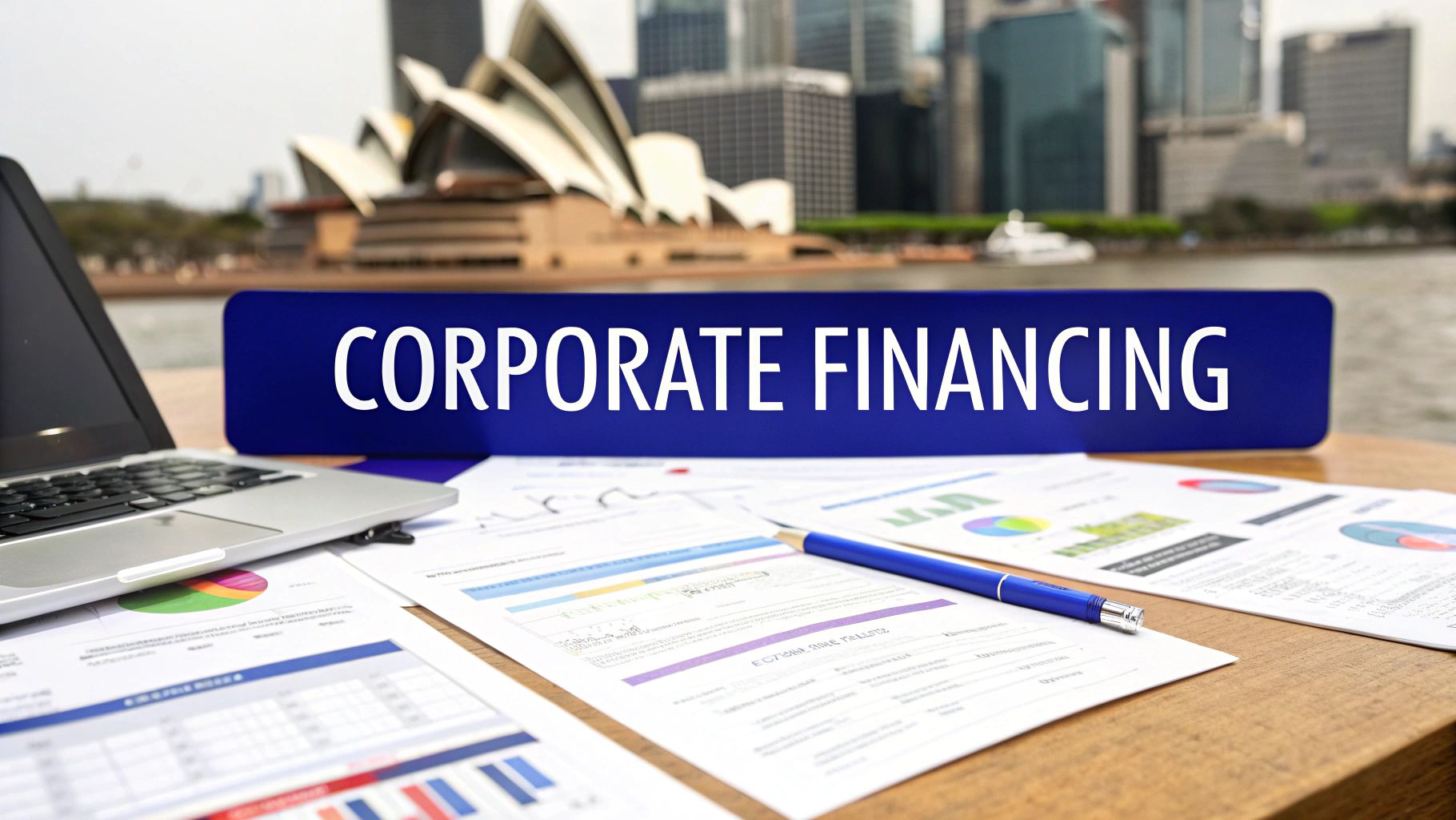 Corporate financing documents and laptop with Sydney Opera House background