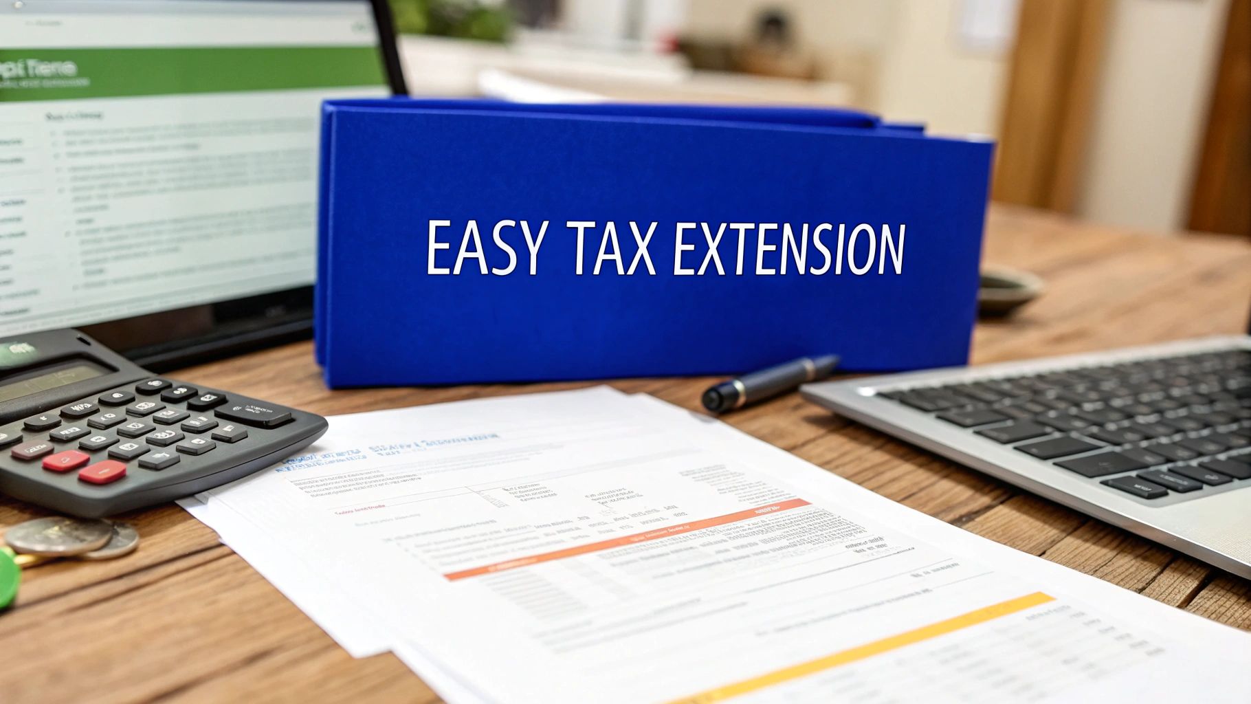 Blue folder labeled “Easy Tax Extension” on a desk with tax documents, calculator, and laptop.