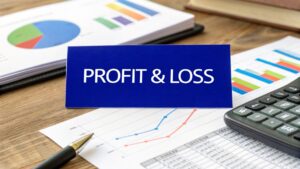 Australian accountant reviewing profit and loss statement charts and calculator on office desk
