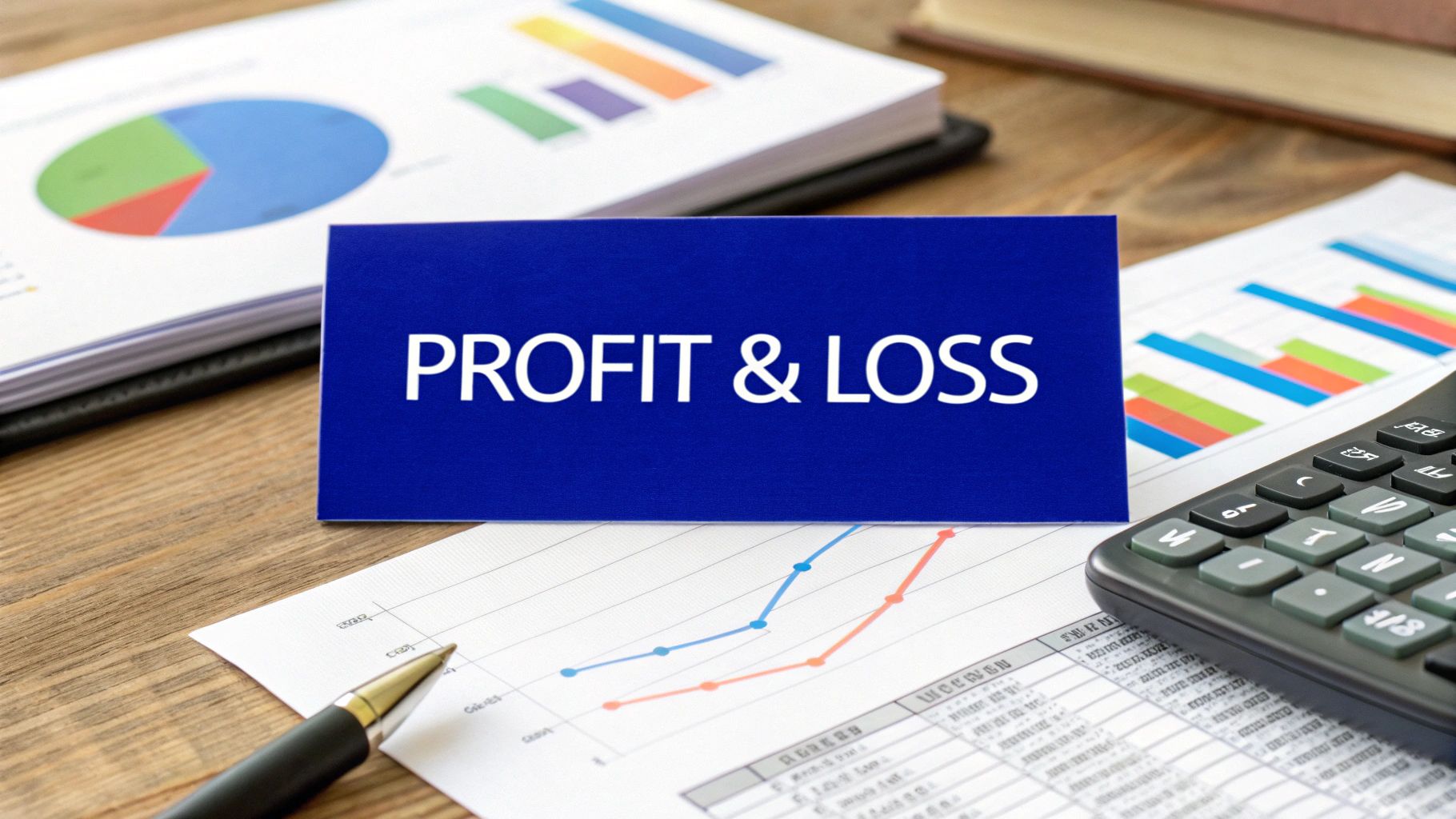 Australian accountant reviewing profit and loss statement charts and calculator on office desk