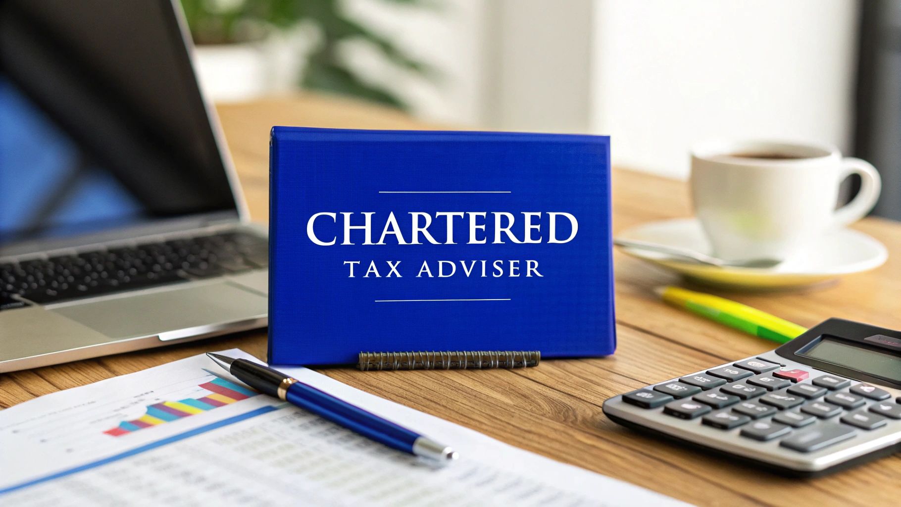 Blue plaque displaying “Chartered Tax Adviser” on a desk with a laptop, calculator, financial reports, and coffee cup representing professional tax advisory services in Australia.