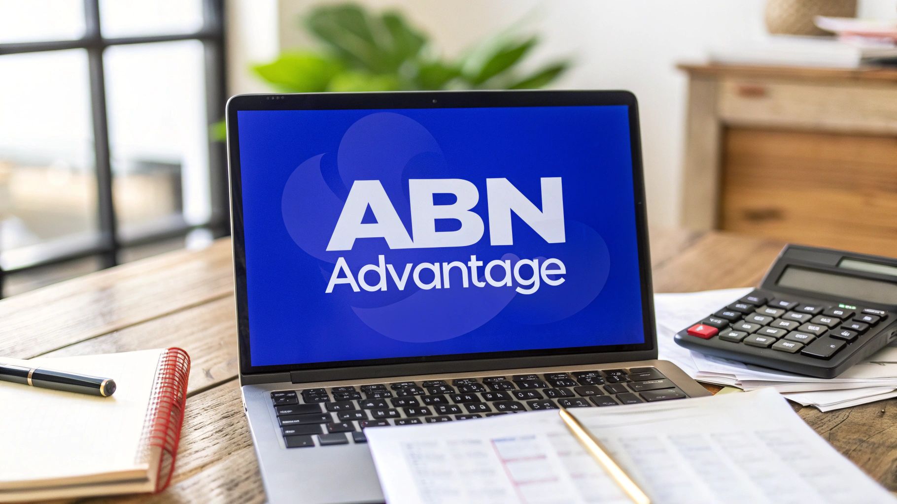 Laptop screen showing “ABN Advantage” with business documents and calculator representing Australian Business Number benefits for entrepreneurs.