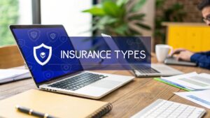 Laptop displaying insurance types dashboard on screen in modern office
