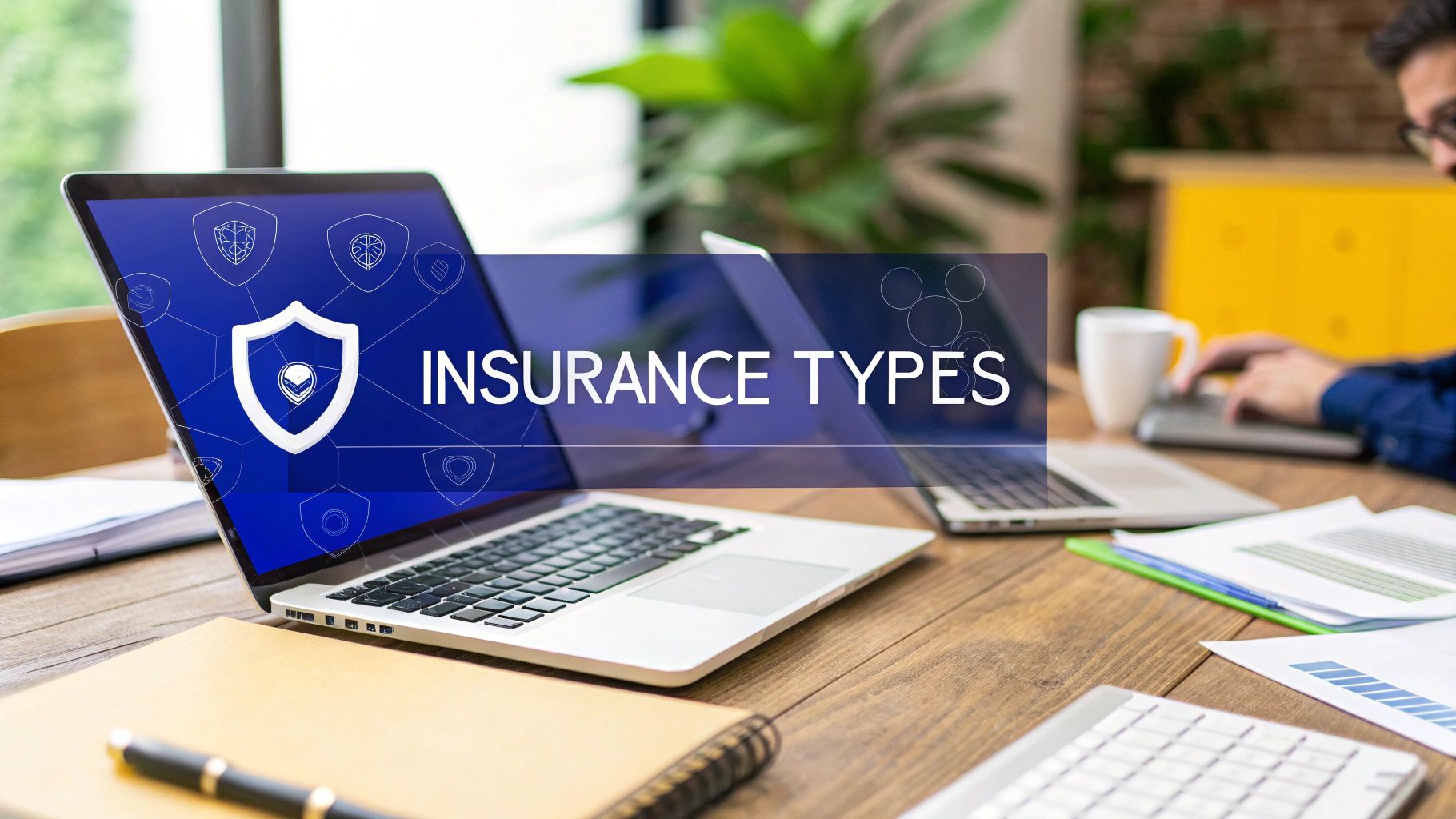 Laptop displaying insurance types dashboard on screen in modern office