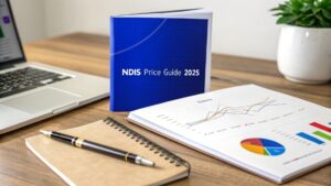 NDIS Price Guide 2025 booklet on desk with charts and laptop