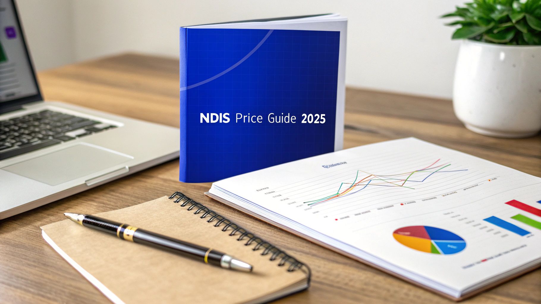 NDIS Price Guide 2025 booklet on desk with charts and laptop