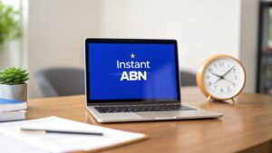 Laptop screen showing “Instant ABN” with clock on desk – symbolising fast ABN approval in Australia