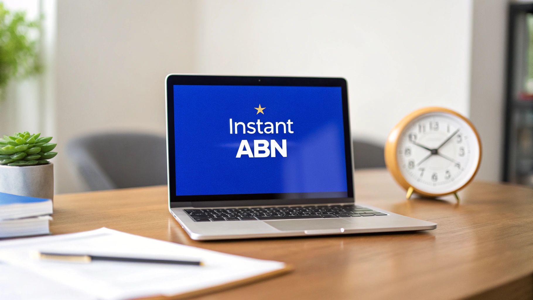 Laptop screen showing “Instant ABN” with clock on desk – symbolising fast ABN approval in Australia
