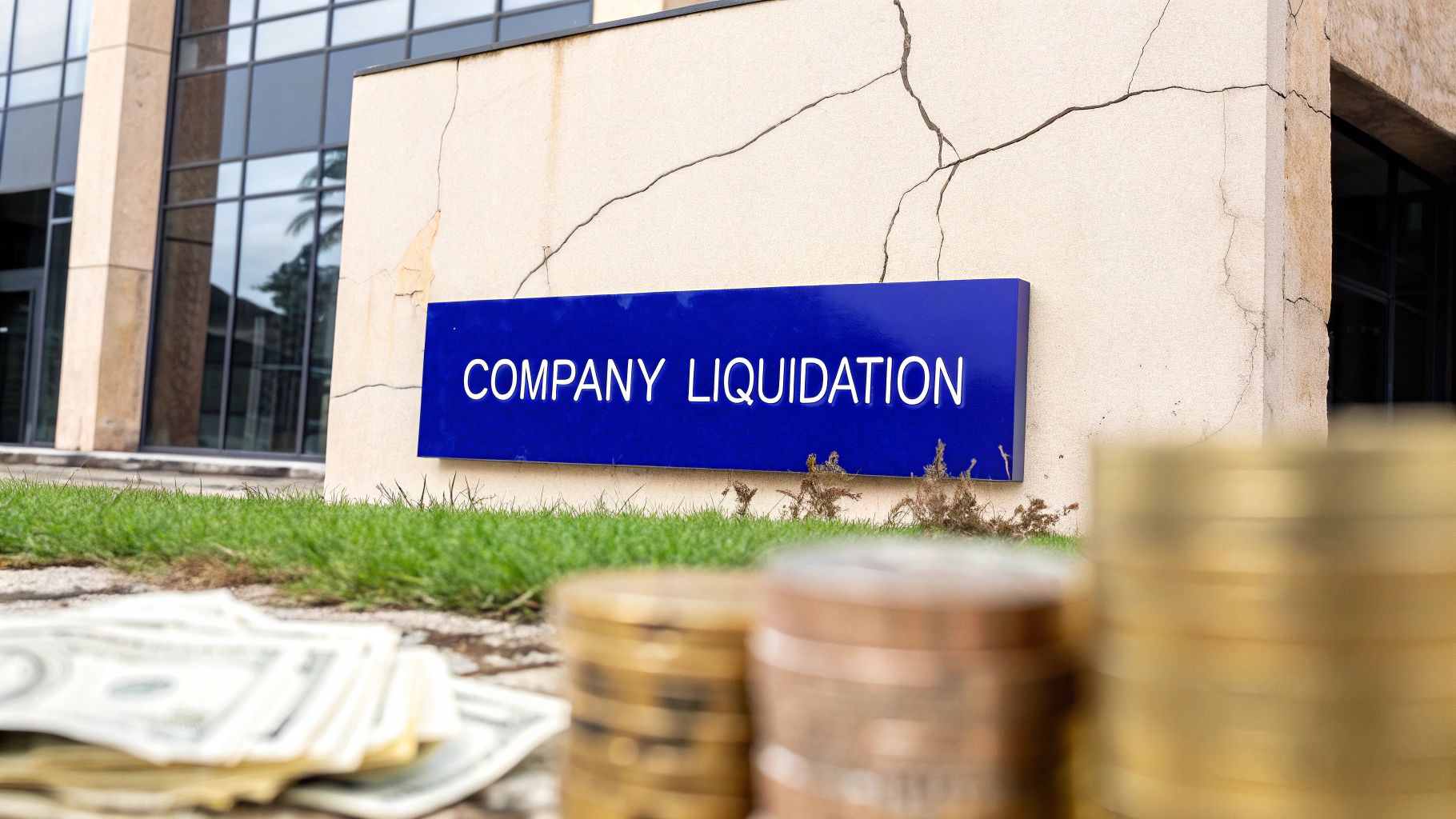 Blue sign reading “Company Liquidation” outside a cracked office building with coins and cash in the foreground.