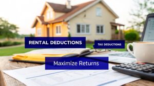 Calculator, coffee cup, and tax paperwork on table with house in background - rental property deductions concept.