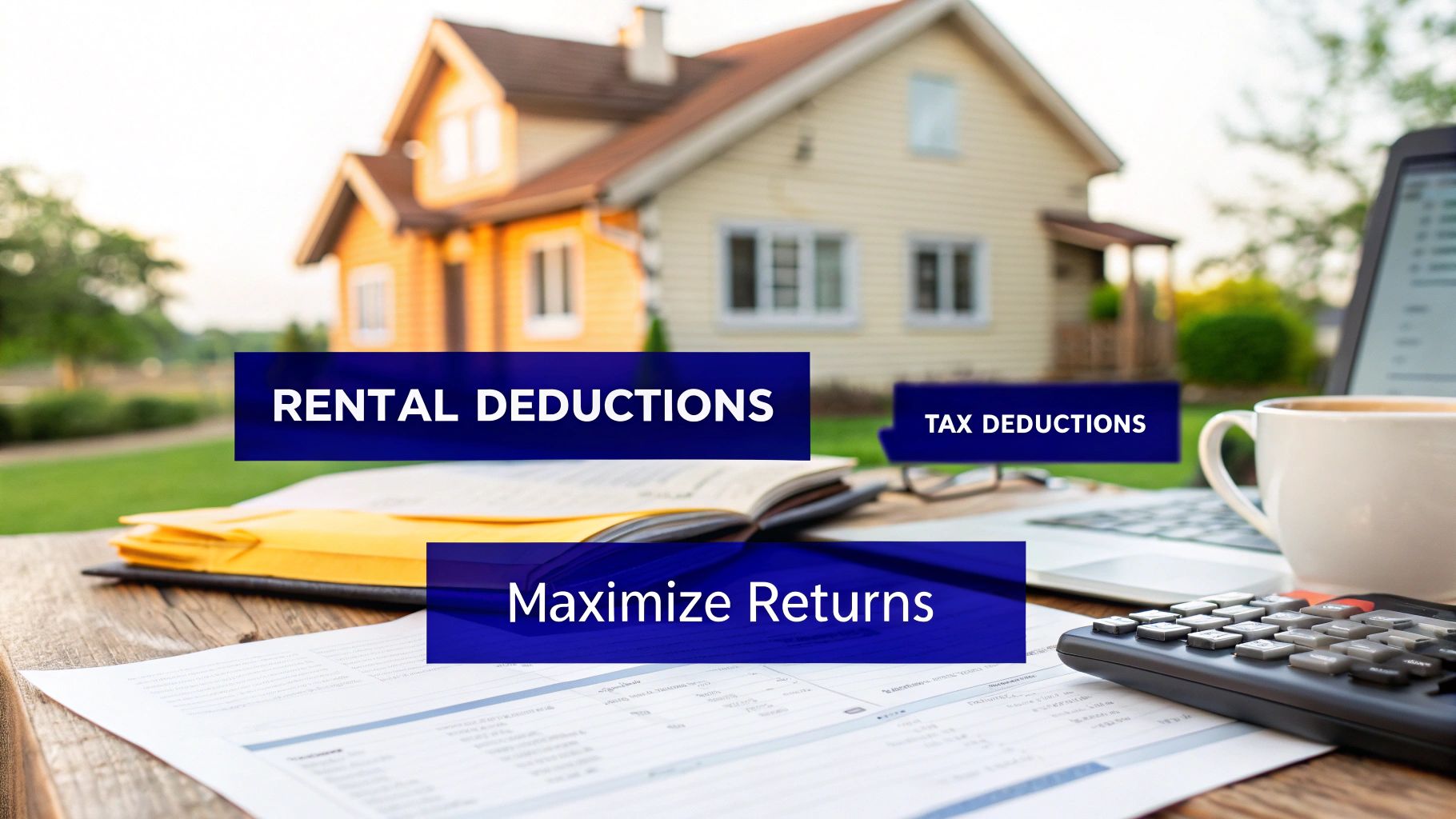 Calculator, coffee cup, and tax paperwork on table with house in background - rental property deductions concept.