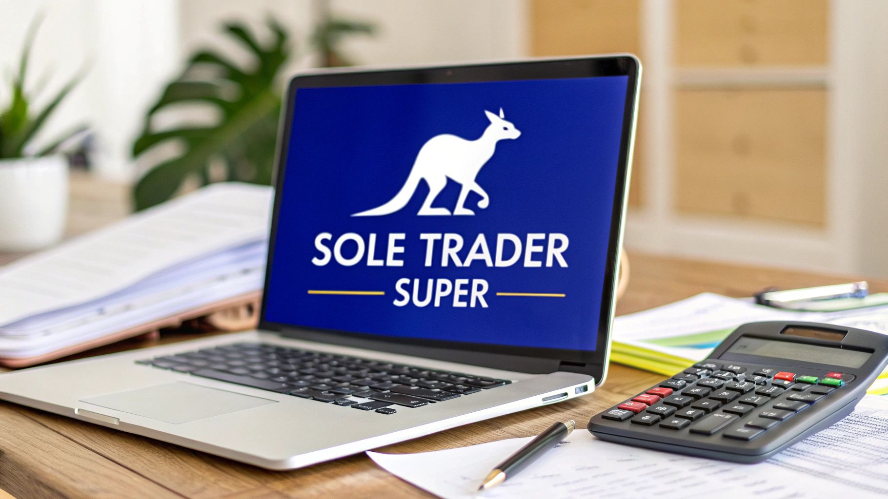 Laptop showing “Sole Trader Super” on screen with calculator and paperwork on desk symbolising superannuation planning for Australian sole traders.