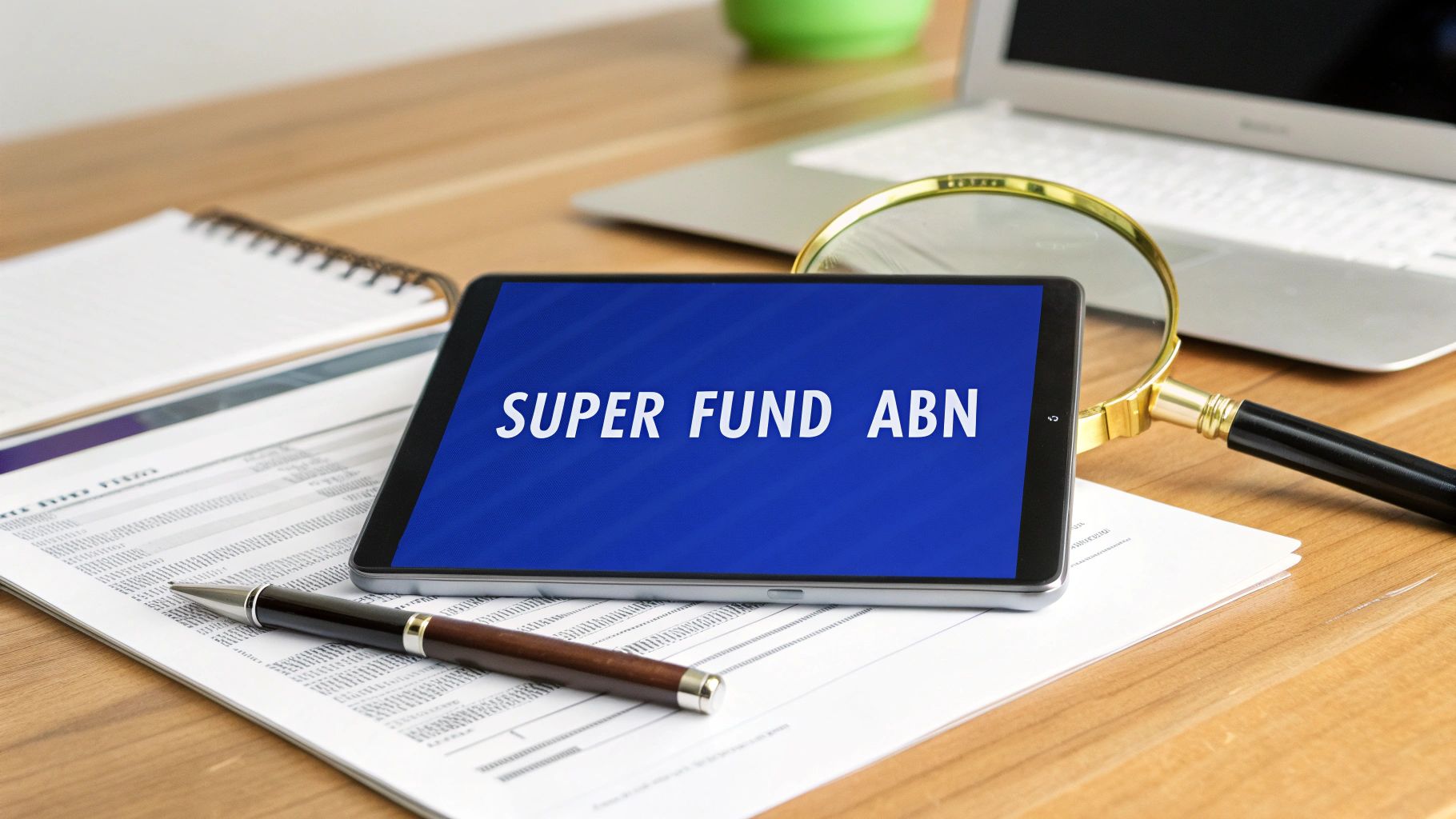 Tablet showing “Super Fund ABN” with magnifying glass, paperwork, and laptop - Australian compliance context.