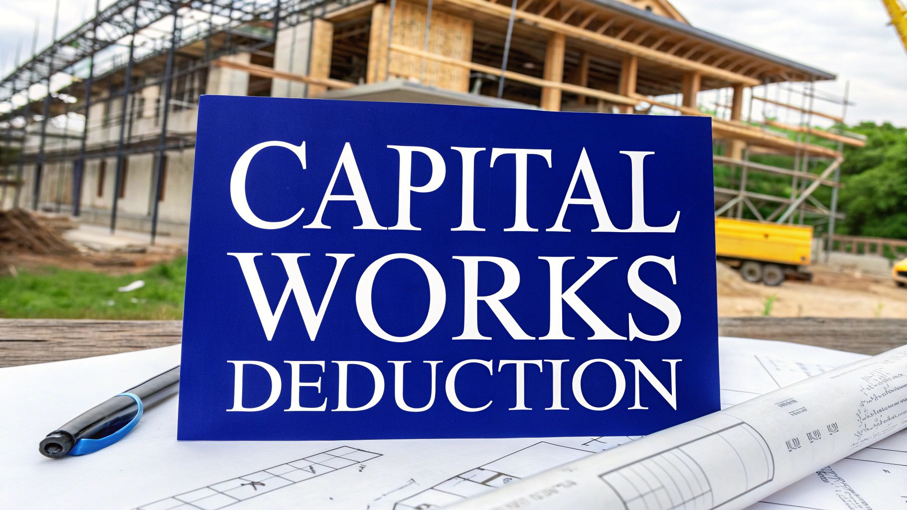 Capital works deduction sign in front of a building under construction, representing property tax deductions under ATO Division 43.