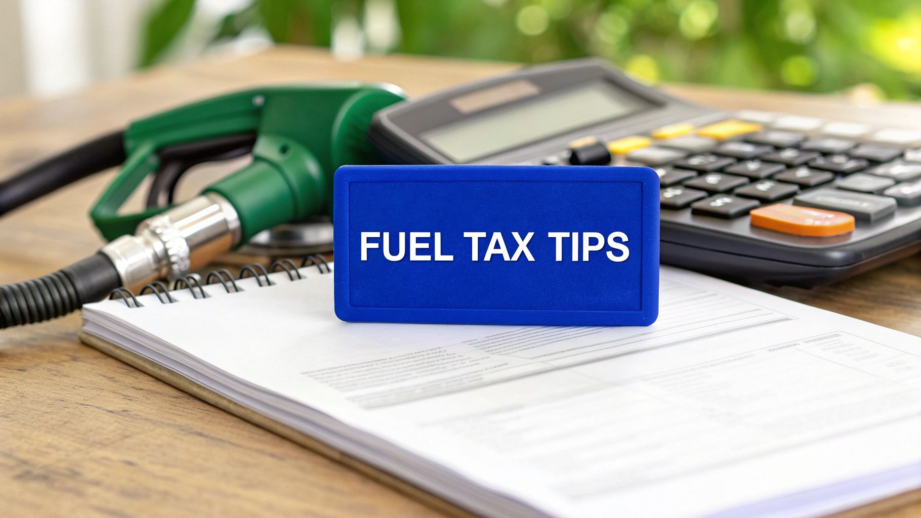 Fuel tax tips sign on a desk with a fuel nozzle, calculator, and paperwork.