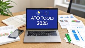 Laptop on a desk displaying “ATO Tools 2025” on the screen, surrounded by financial documents, charts, and a smartphone.
