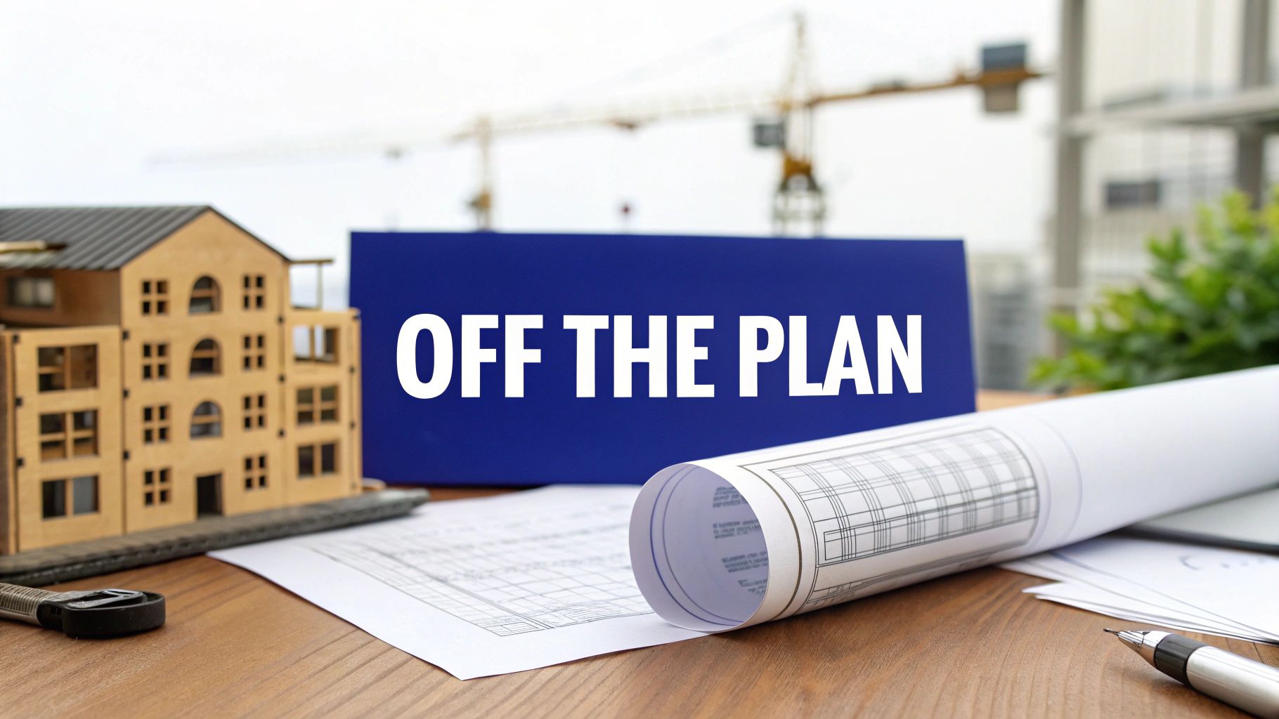 Scaled model of an apartment building, architectural plans, and a blueprint on a desk with a sign reading “Off the Plan,” representing off-the-plan property purchases.