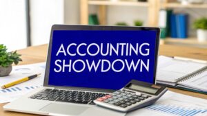 Laptop with “Accounting Showdown” text on screen beside calculator and business reports — representing comparison of accounting software for small businesses.