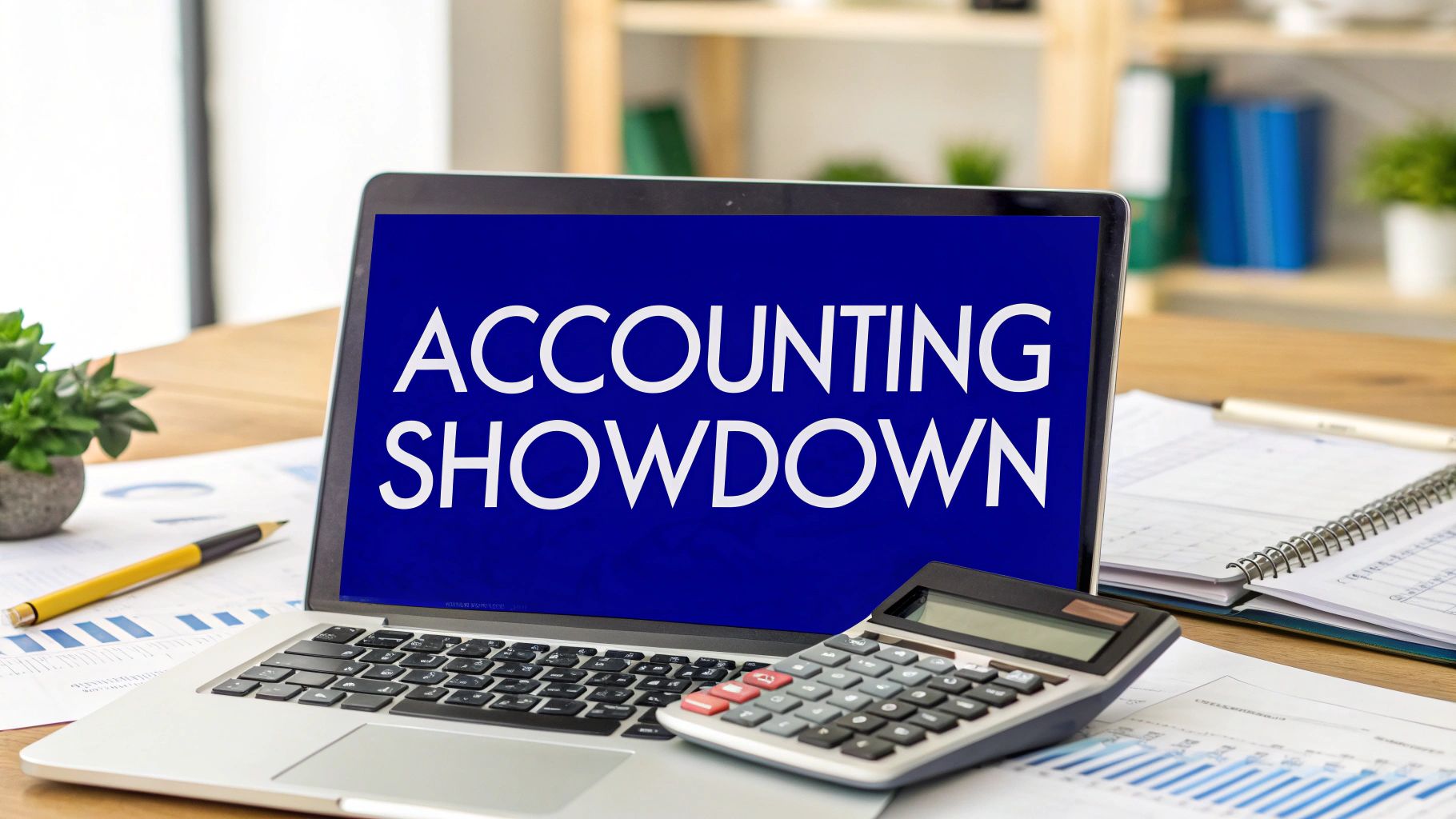 Laptop with “Accounting Showdown” text on screen beside calculator and business reports — representing comparison of accounting software for small businesses.
