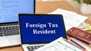 A laptop displaying the words “Foreign Tax Resident” on the screen, surrounded by tax documents, a passport, and stationery on a desk.