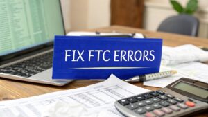 A desk with financial documents, calculator, pen, and a laptop displaying spreadsheets, with a blue sign reading ‘Fix FTC Errors’ representing correcting fuel tax credit errors for BAS.
