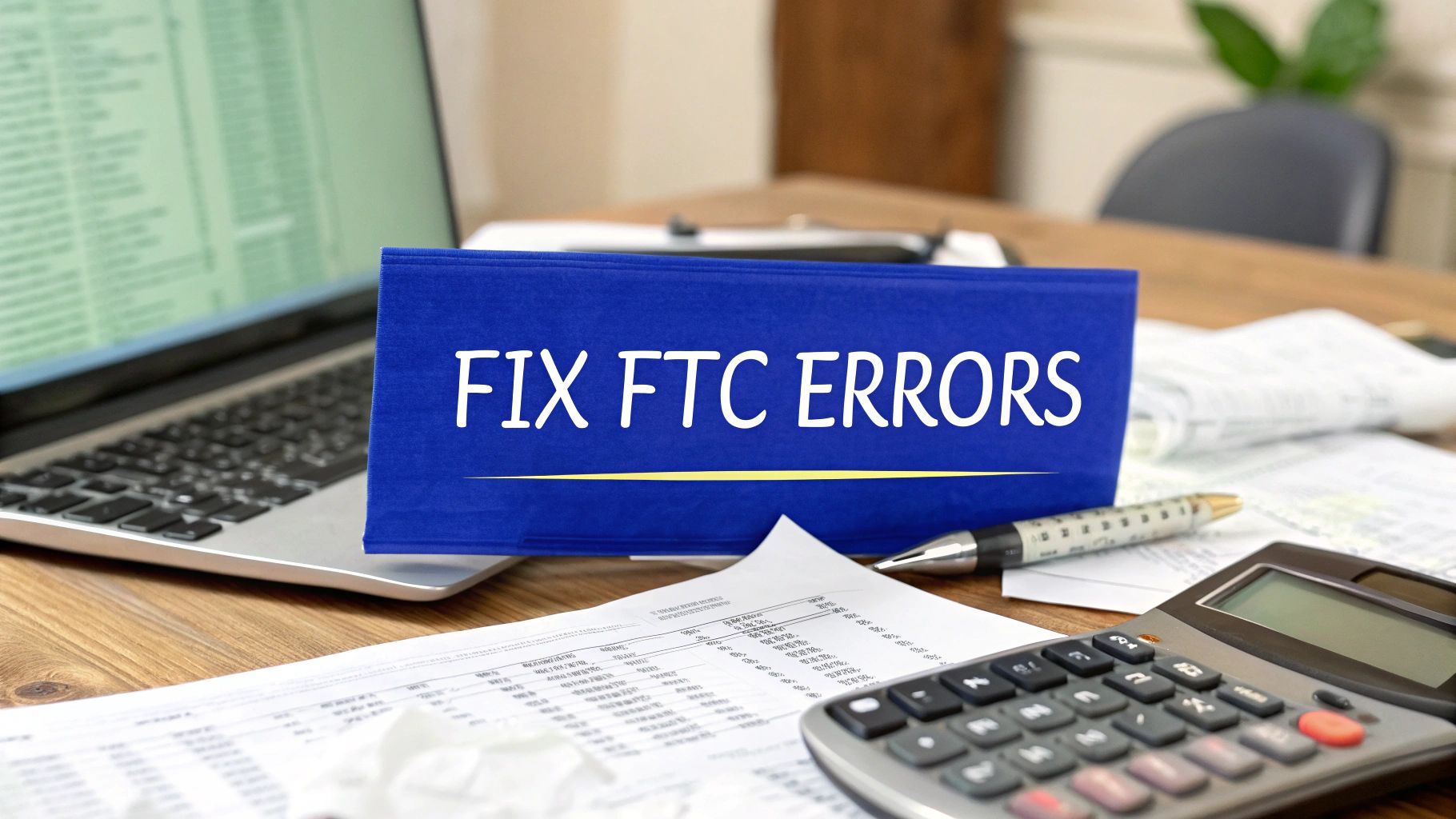 A desk with financial documents, calculator, pen, and a laptop displaying spreadsheets, with a blue sign reading ‘Fix FTC Errors’ representing correcting fuel tax credit errors for BAS.