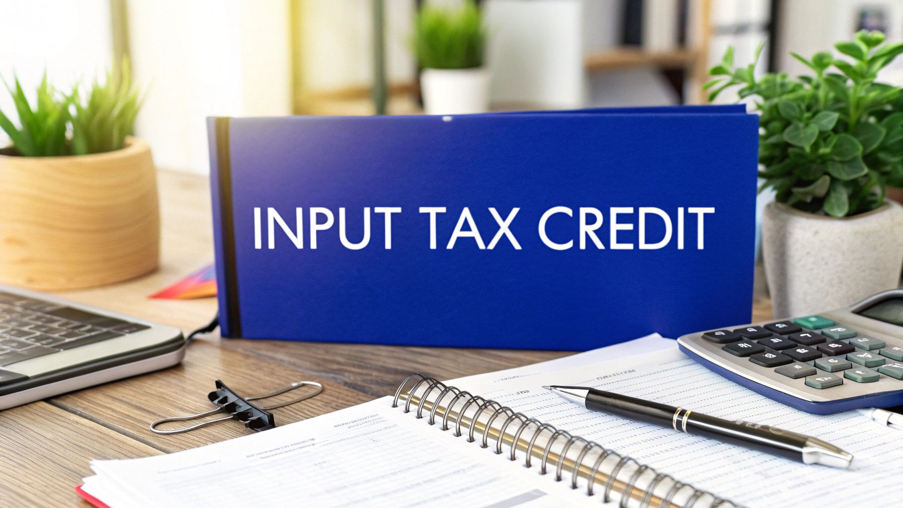 A desk with accounting documents, a calculator, laptop, and a blue folder labelled “Input Tax Credit”.
