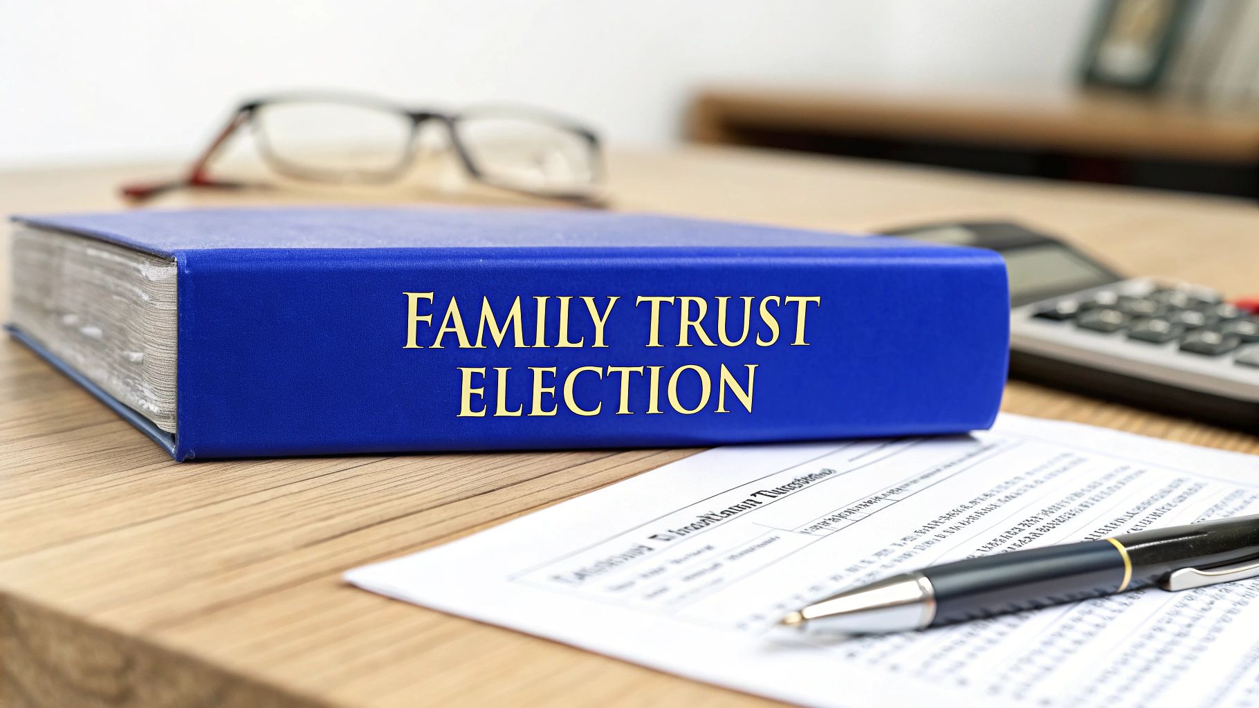 Blue binder labeled ‘Family Trust Election’ on a desk with documents, pen, and calculator.