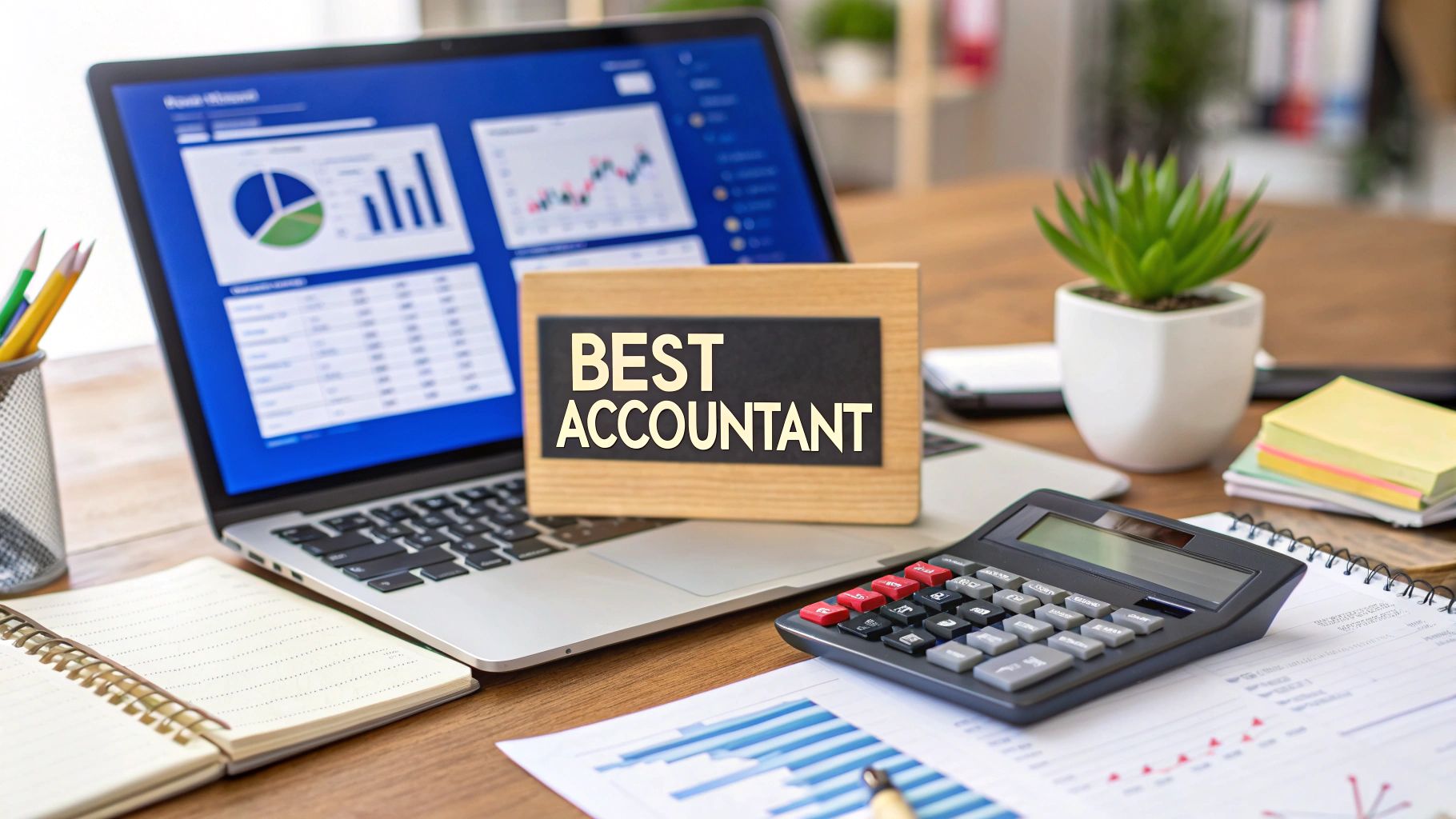 Laptop with financial charts, calculator, and a wooden sign that says "Best Accountant" representing professional accounting services for small businesses.