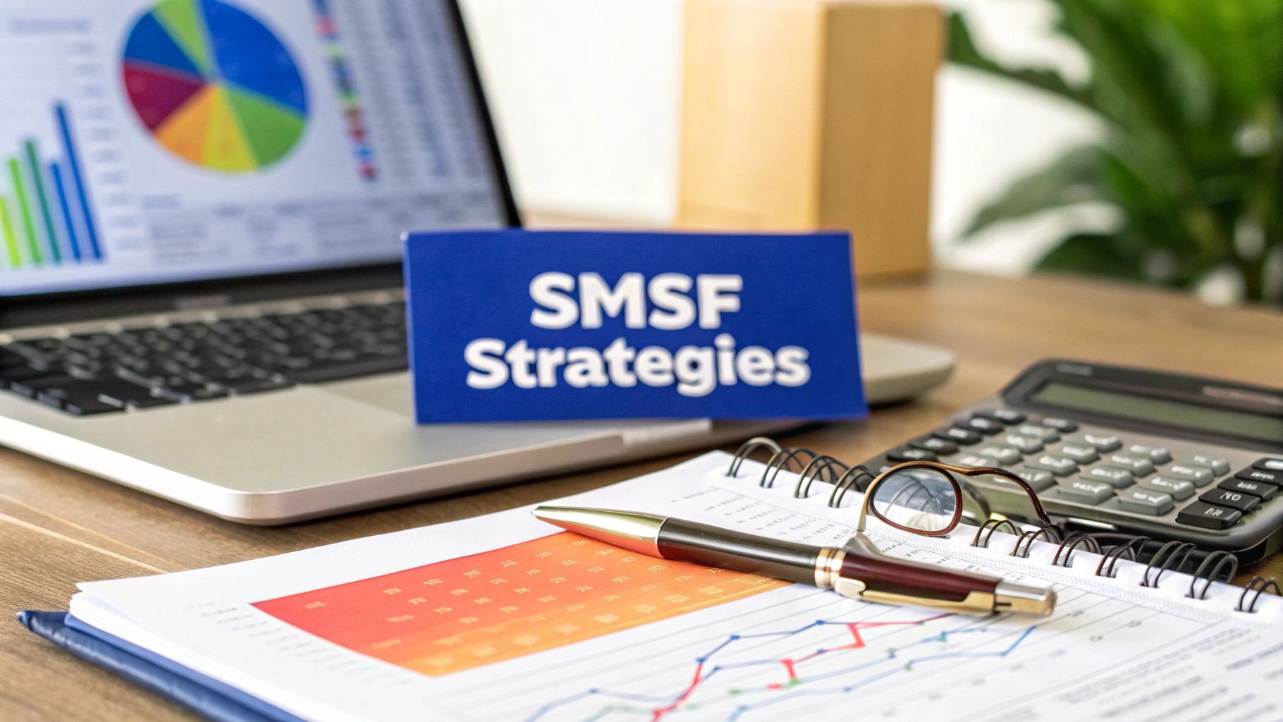SMSF investment strategy documents with charts, calculator, and laptop on a desk.